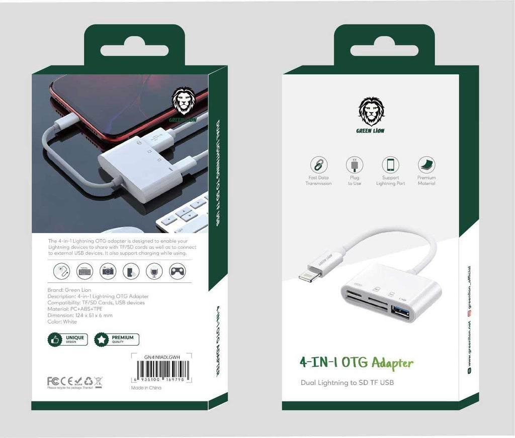 Green Lion 4-In-1 Lightning OTG Adapter with SD TF Card Slots Type-C and USB-A Ports Green Lion 4-In-1 Lightning OTG Adapter with SD TF Card Slots Type-C and USB-A Ports